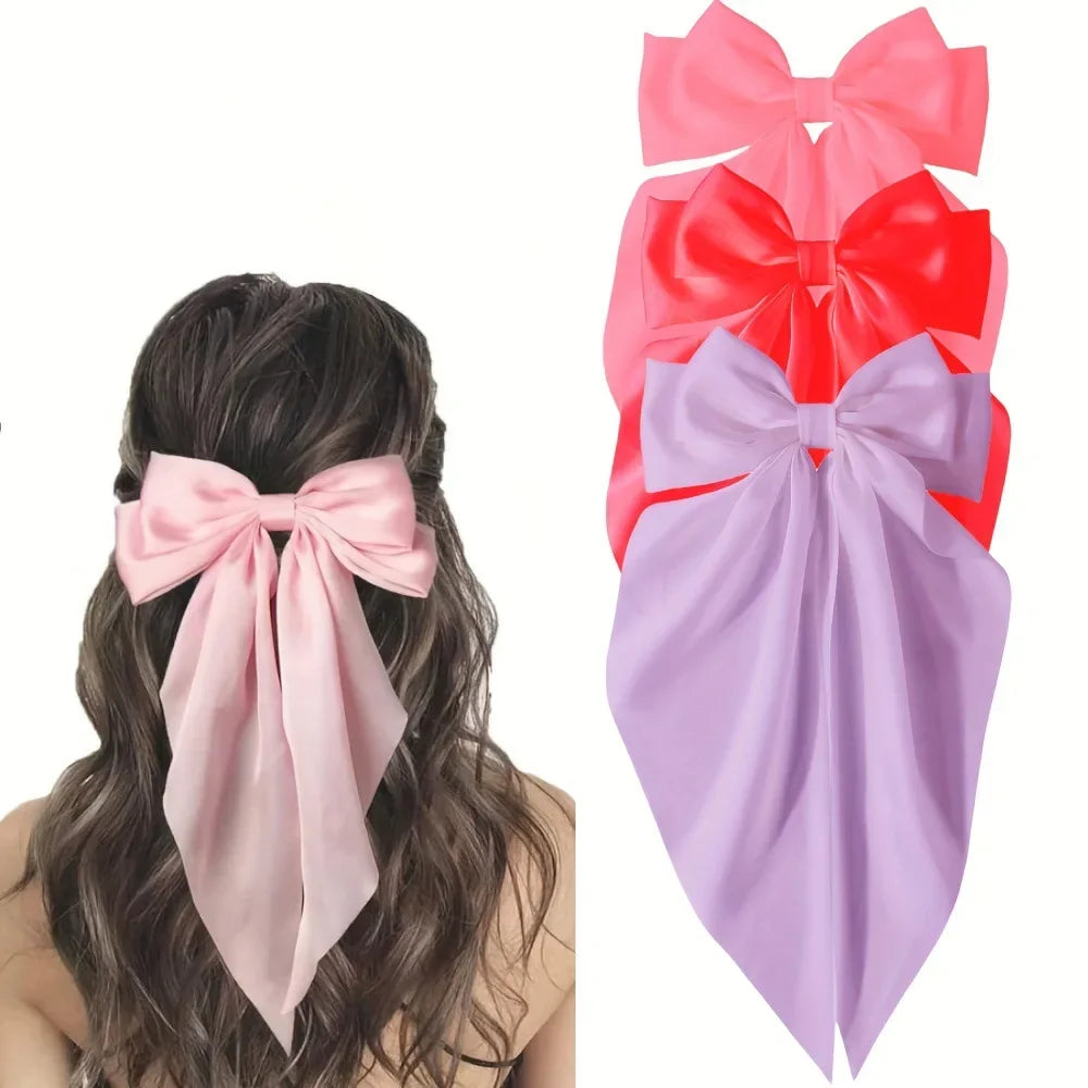 NONECN 3Pcs Large Elegant Ribbon Bow Hair Clips For Women Satin