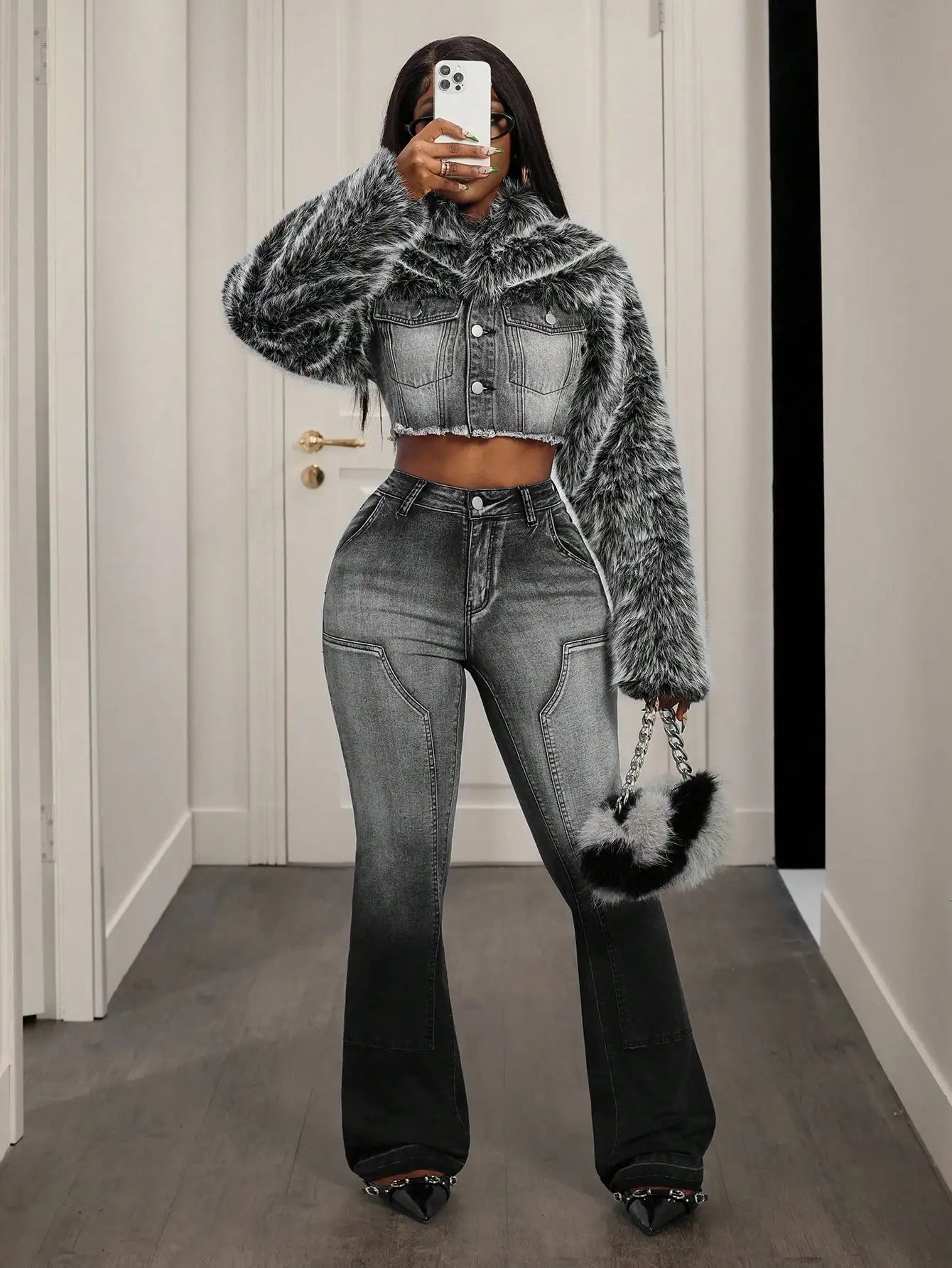 Faux Fur Collar Denim Jacket With Frayed Hem And Single-Breasted