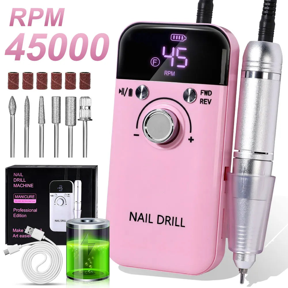 Rechargeable Nail Drill 45000 RPM Electric File for Acrylic Gel Removal