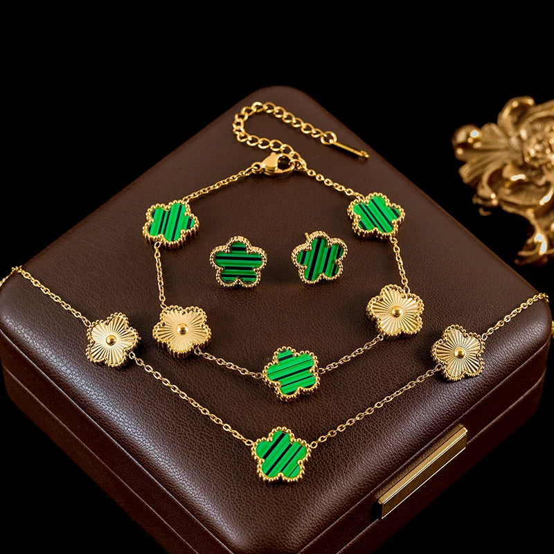 GANEMLY Stainless Steel Plum Blossom Jewelry Set Necklace Earrings Bracelet