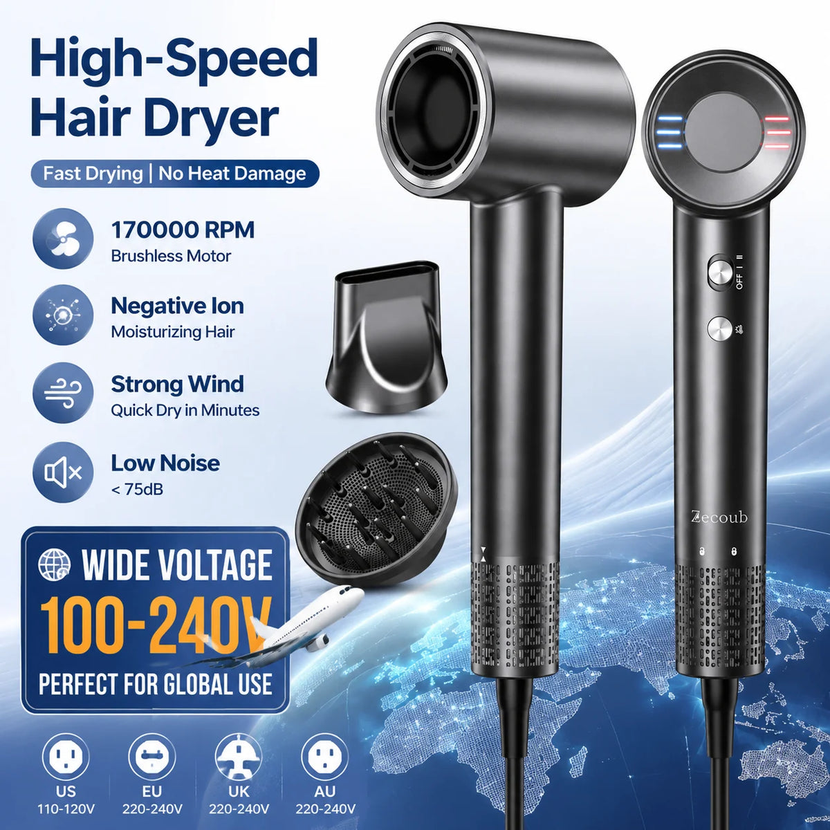 LYSMOSKI High-Speed Ionic Travel Hair Dryer With Diffuser