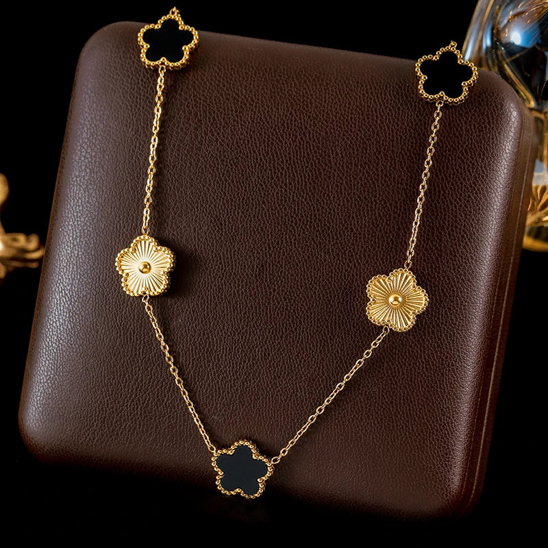 GANEMLY Stainless Steel Plum Blossom Jewelry Set Necklace Earrings Bracelet