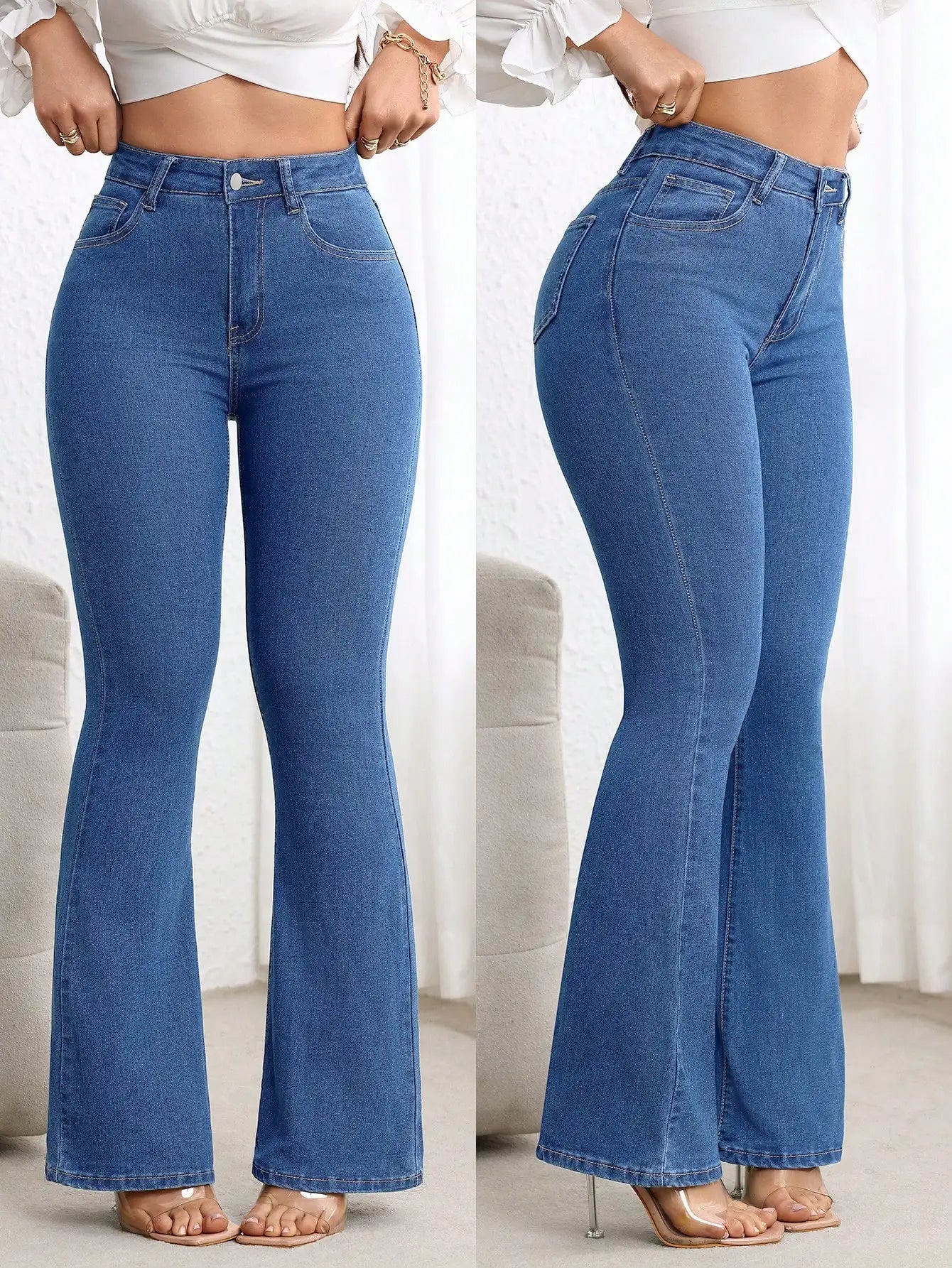 Plain Denim High Waisted Flare Jeans For Women Casual