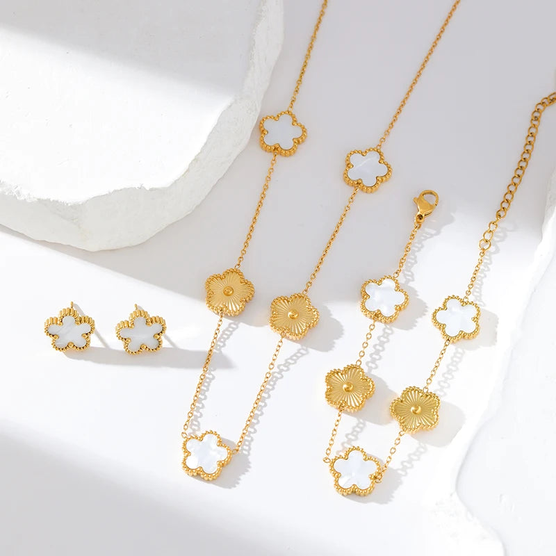 GANEMLY Stainless Steel Plum Blossom Jewelry Set Necklace Earrings Bracelet