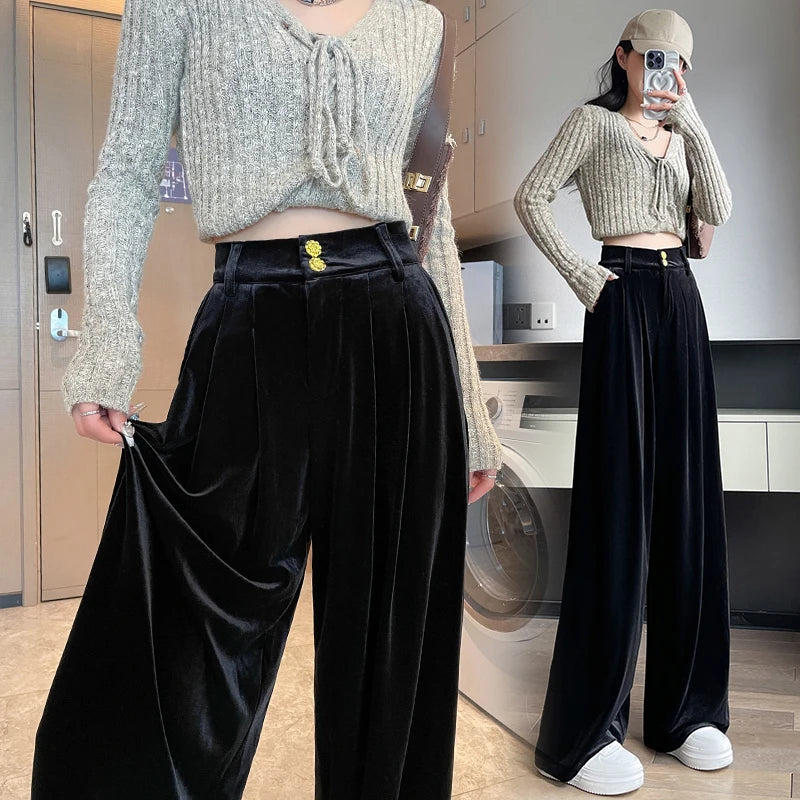 High Waist Velvet Wide Leg Vintage Pants For Women Casual