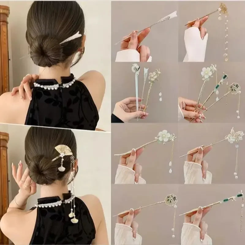 NONECN Chinese Style Hair Clip Tassel Hair Pin Floral Design