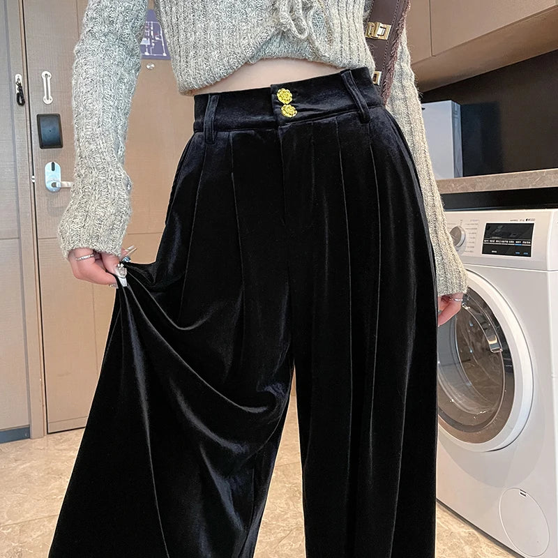 High Waist Velvet Wide Leg Vintage Pants For Women Casual