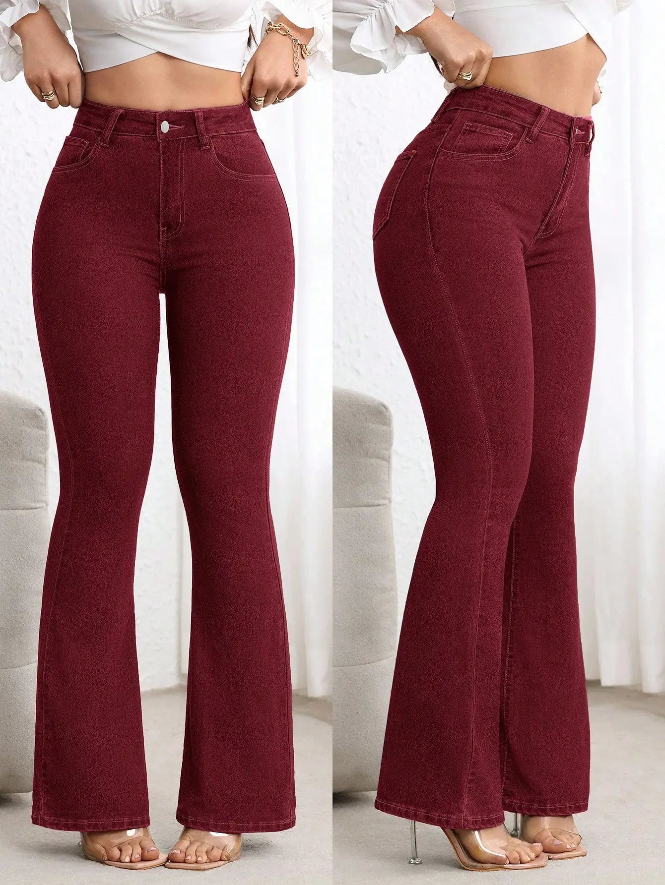 Plain Denim High Waisted Flare Jeans For Women Casual