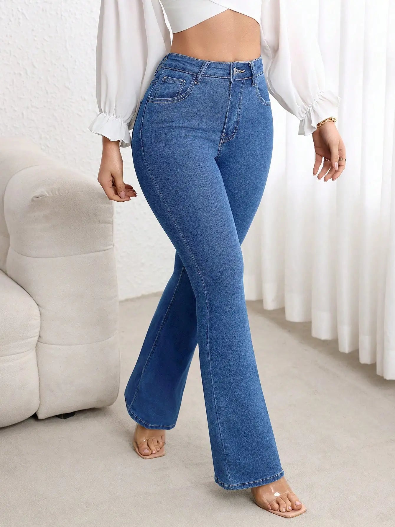 Plain Denim High Waisted Flare Jeans For Women Casual
