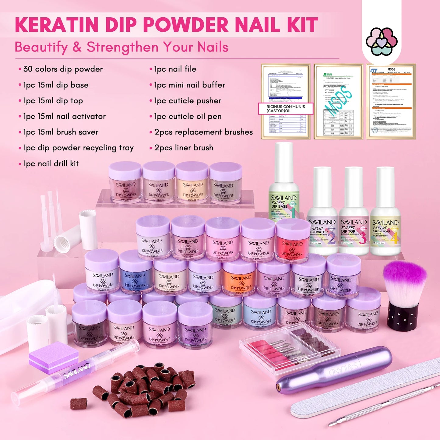 Saviland Dip Powder Kit With Drill 30 Colors Keratin Formula