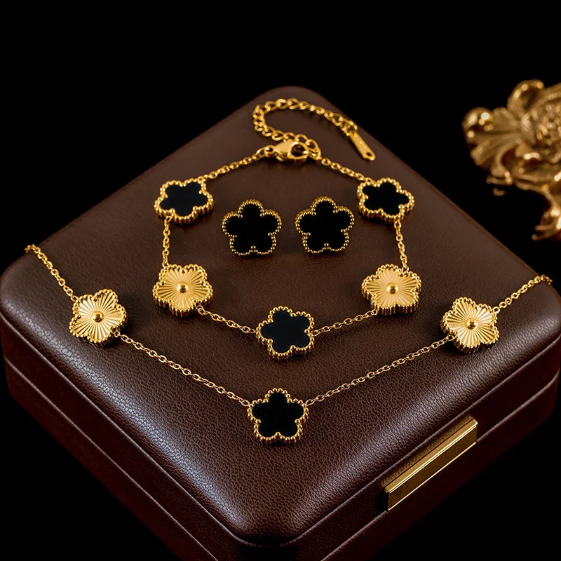 GANEMLY Stainless Steel Plum Blossom Jewelry Set Necklace Earrings Bracelet