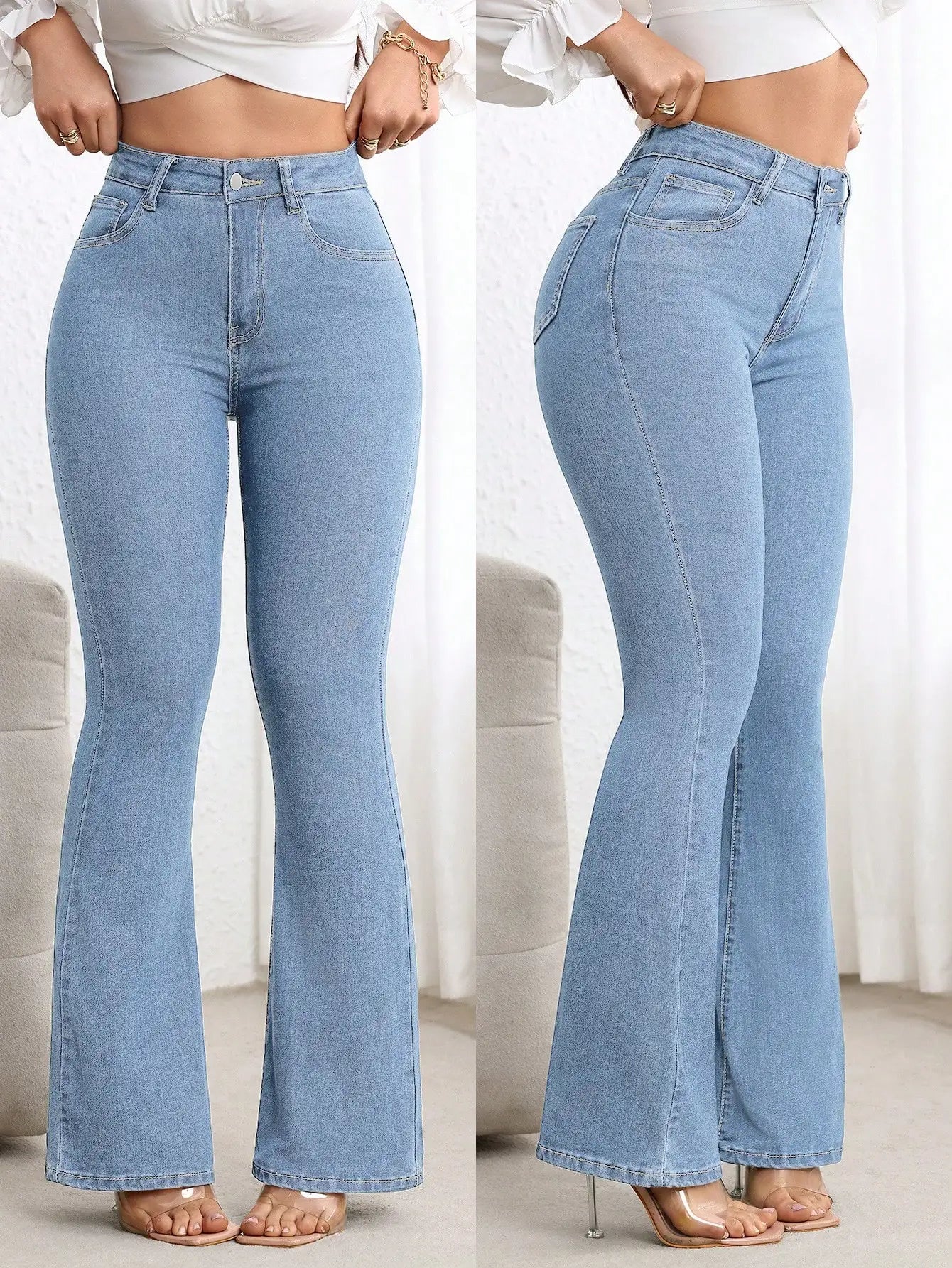 Plain Denim High Waisted Flare Jeans For Women Casual