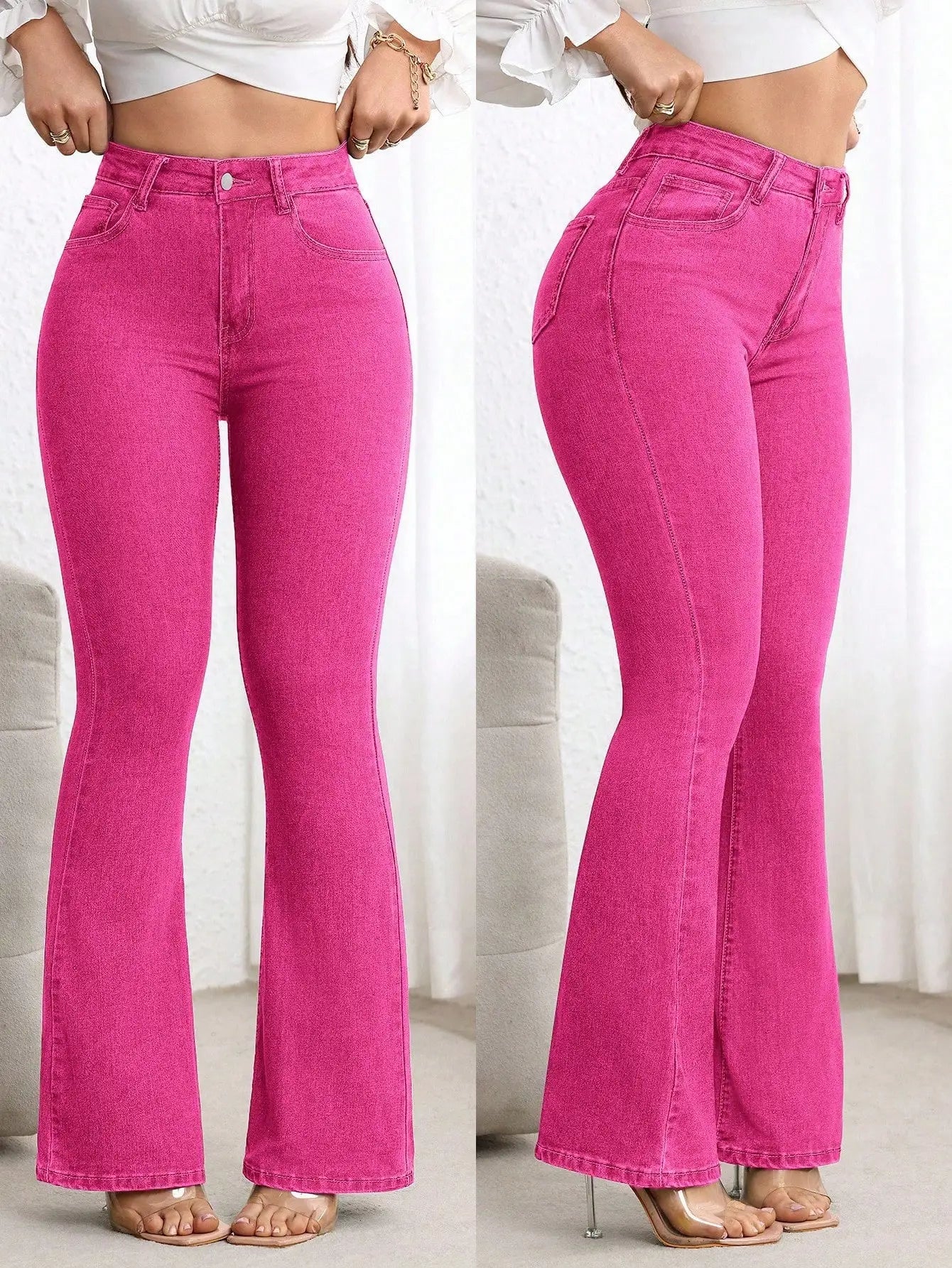Plain Denim High Waisted Flare Jeans For Women Casual