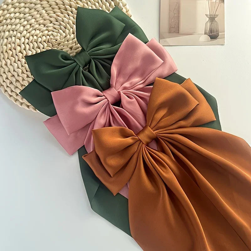 NONECN 3Pcs Large Elegant Ribbon Bow Hair Clips For Women Satin