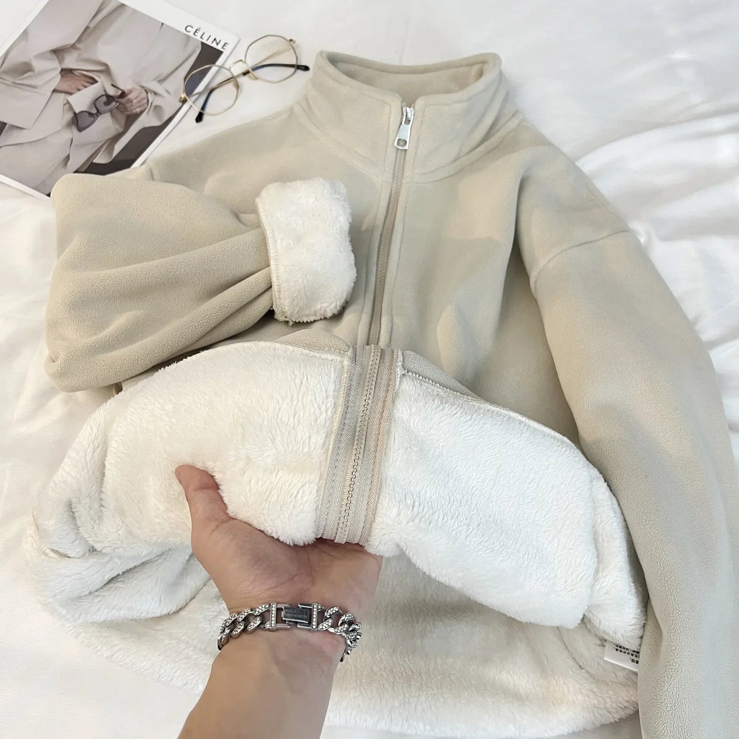 Double Sided Fleece Lined Hooded Jacket For Women Winter Warmth