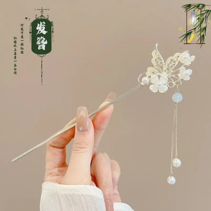 NONECN Chinese Style Hair Clip Tassel Hair Pin Floral Design