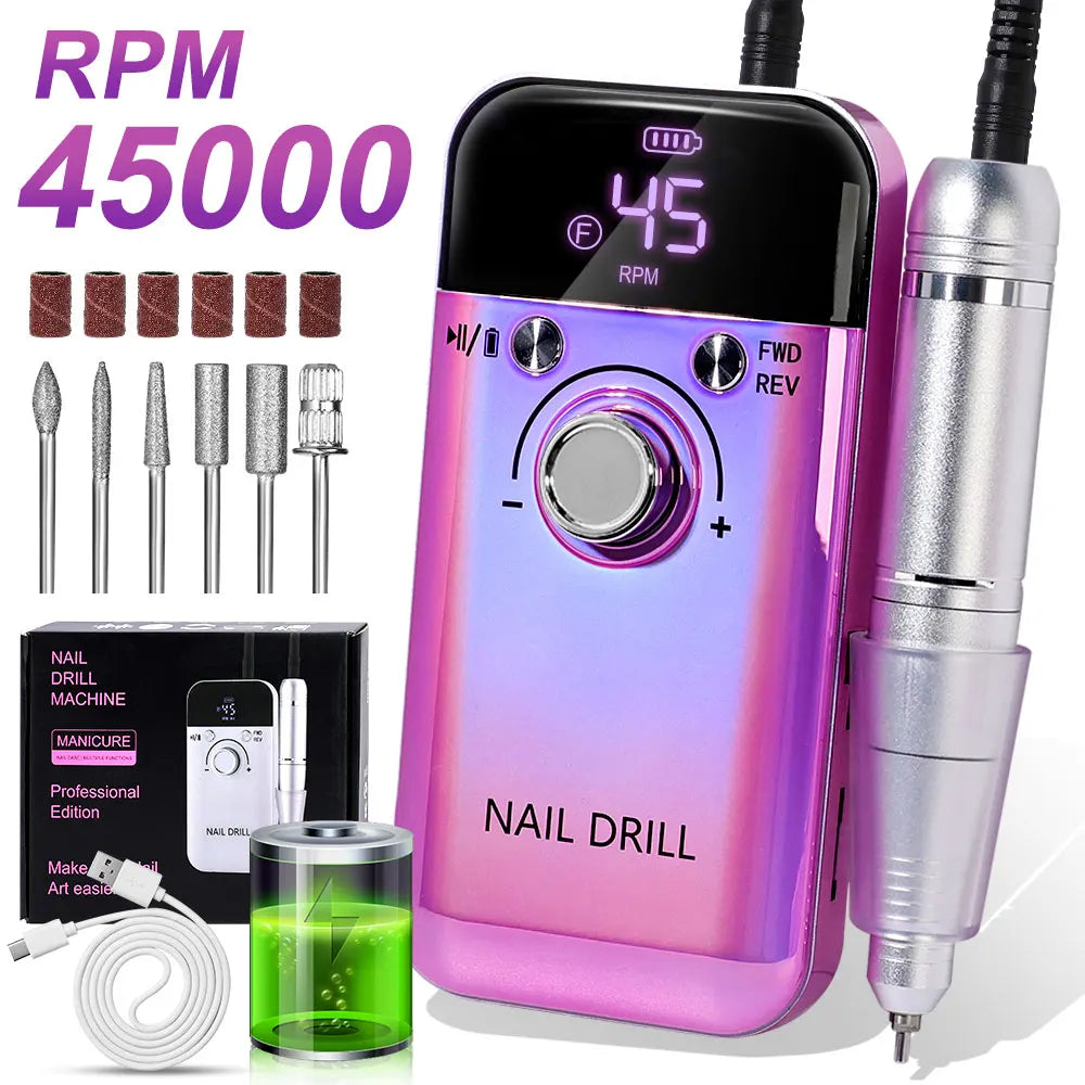 Rechargeable Nail Drill 45000 RPM Electric File for Acrylic Gel Removal
