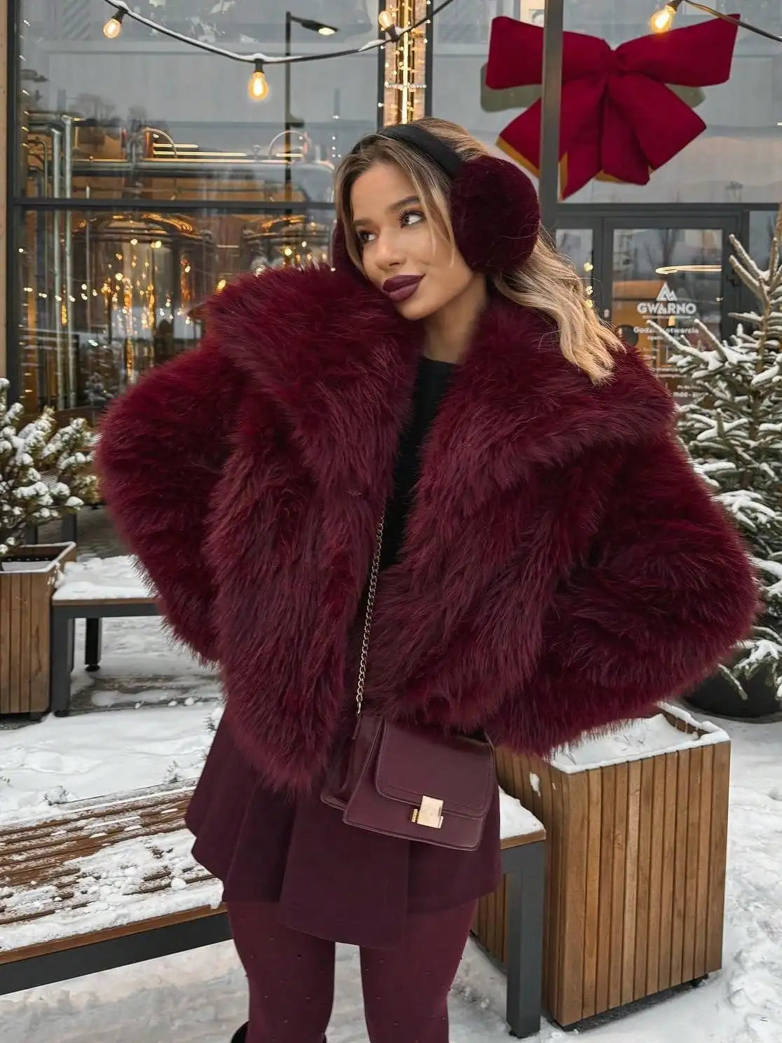 Womens Faux Fur Bomber Jacket With Zipper Closure For Winter