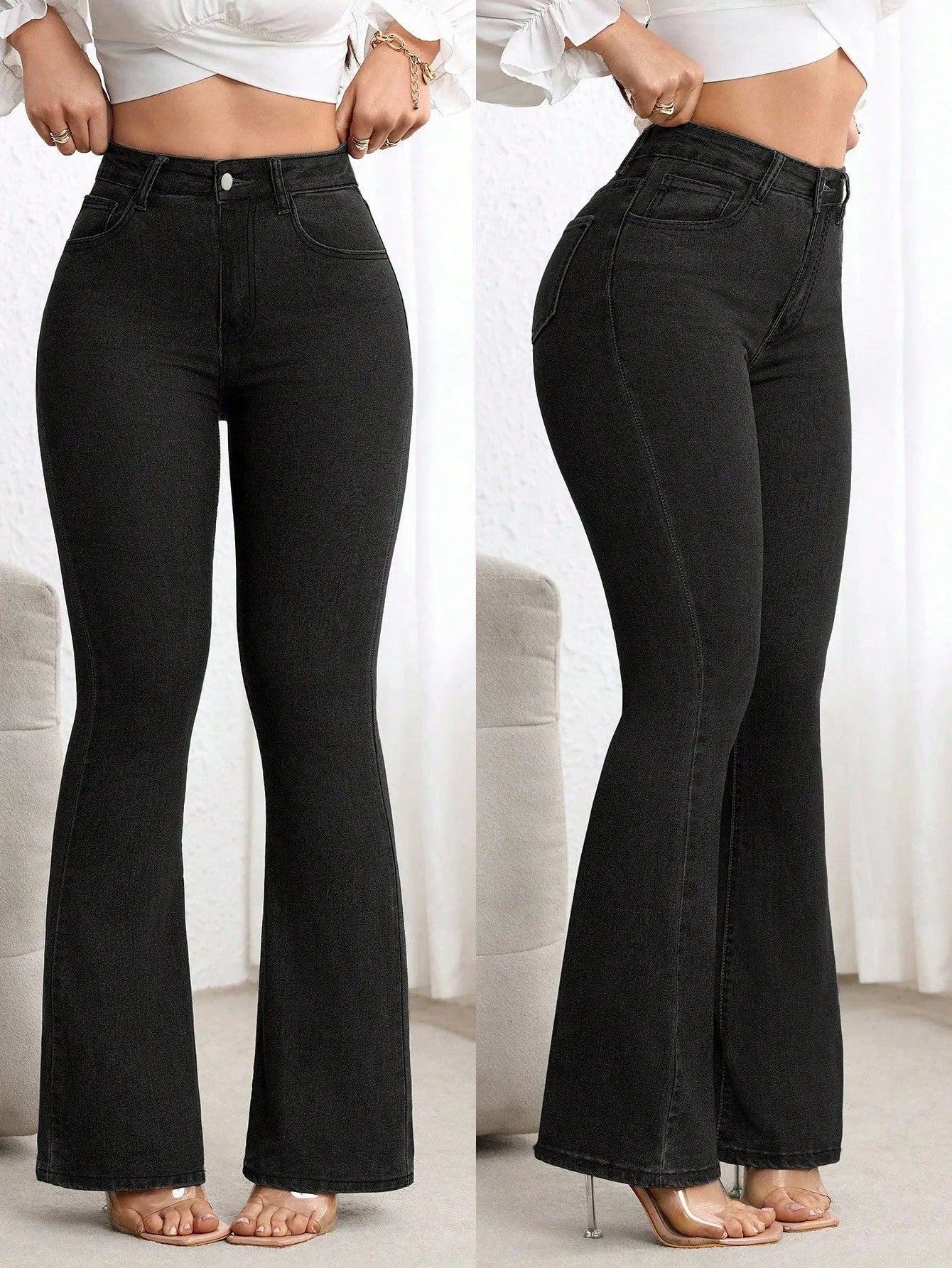 Plain Denim High Waisted Flare Jeans For Women Casual