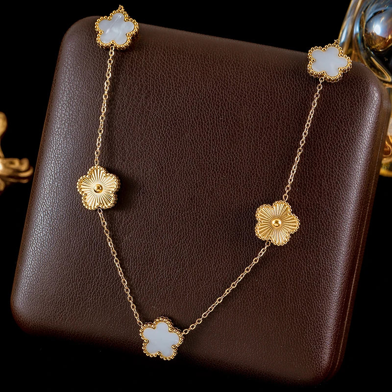 GANEMLY Stainless Steel Plum Blossom Jewelry Set Necklace Earrings Bracelet