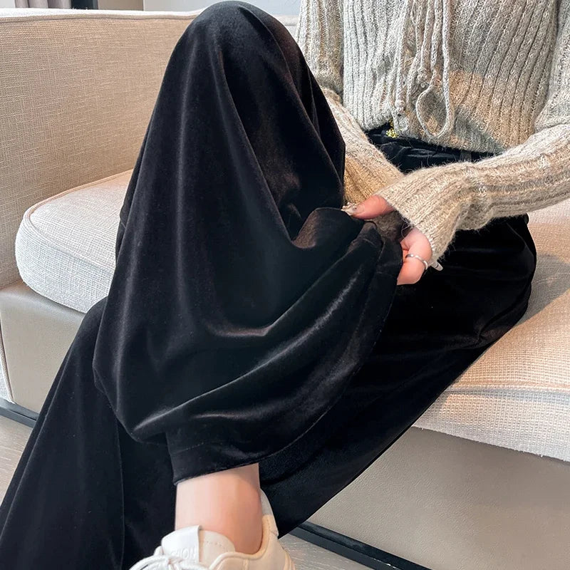 High Waist Velvet Wide Leg Vintage Pants For Women Casual