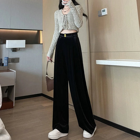 High Waist Velvet Wide Leg Vintage Pants For Women Casual