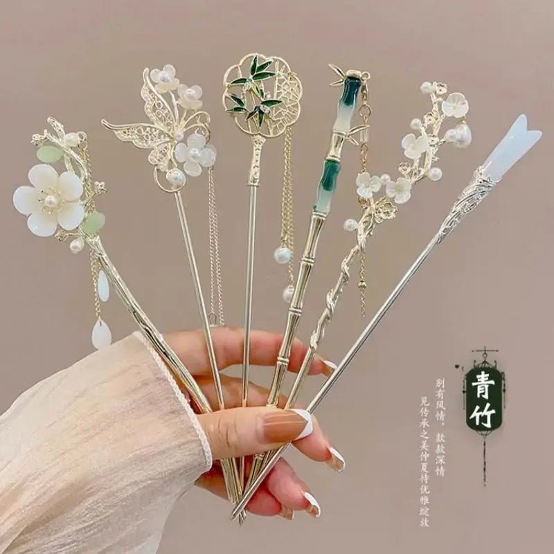 NONECN Chinese Style Hair Clip Tassel Hair Pin Floral Design