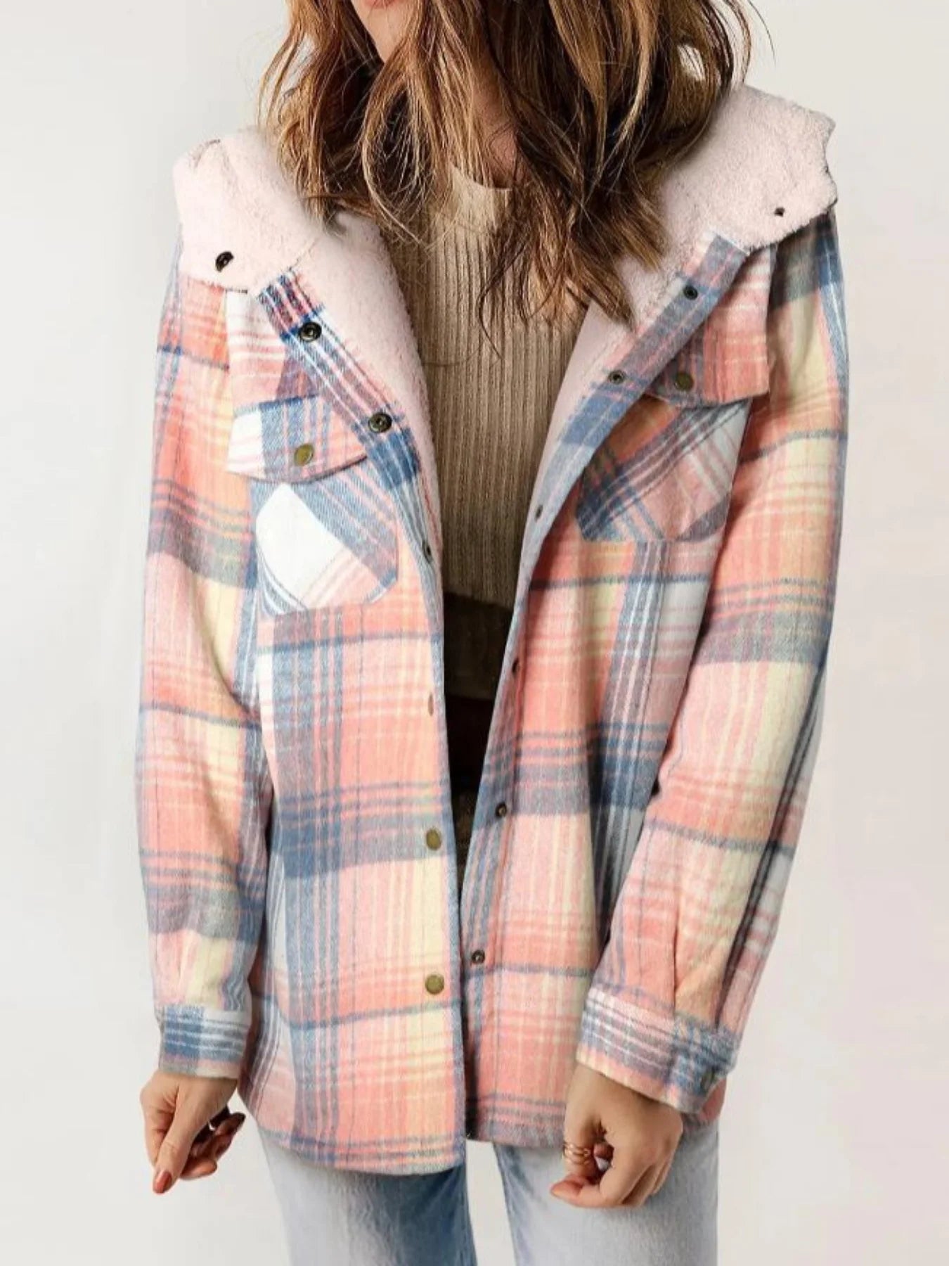 Women's Fleece Hooded Casual Jacket With Pockets Plaid Design