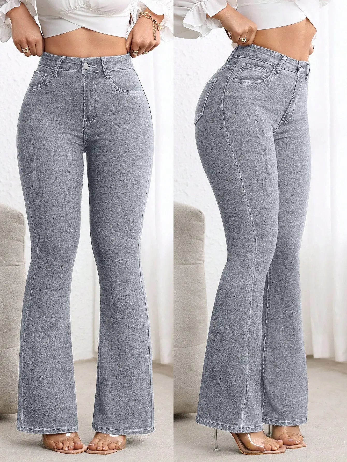 Plain Denim High Waisted Flare Jeans For Women Casual