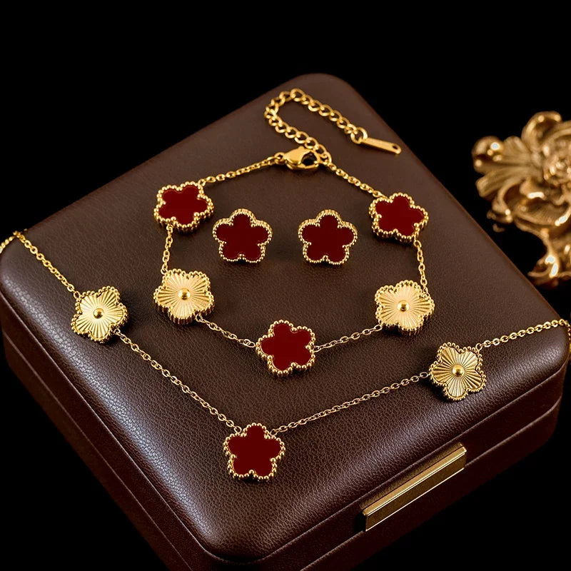 GANEMLY Stainless Steel Plum Blossom Jewelry Set Necklace Earrings Bracelet