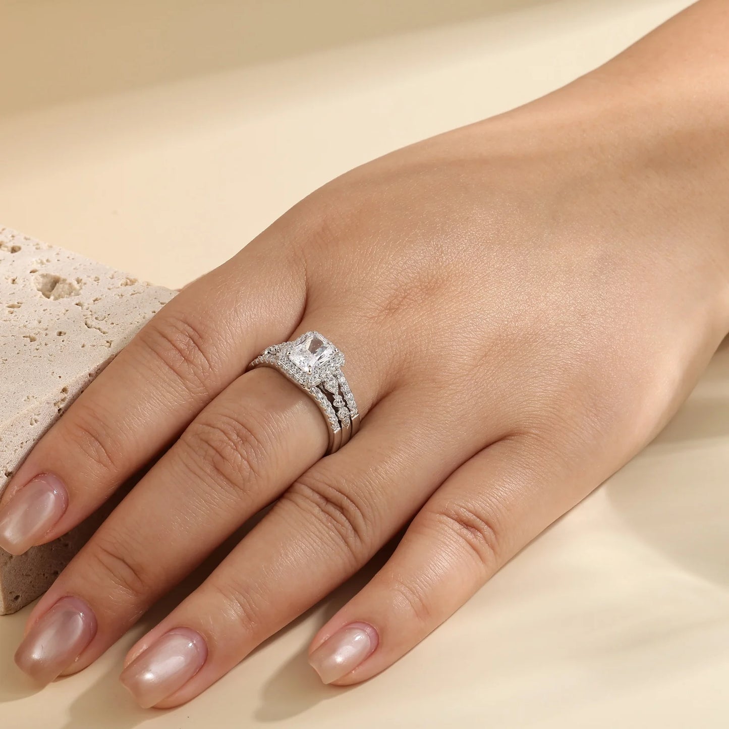 Newshe GRA Certified Moissanite Radian Cut Ring Set For Women Sterling Silver