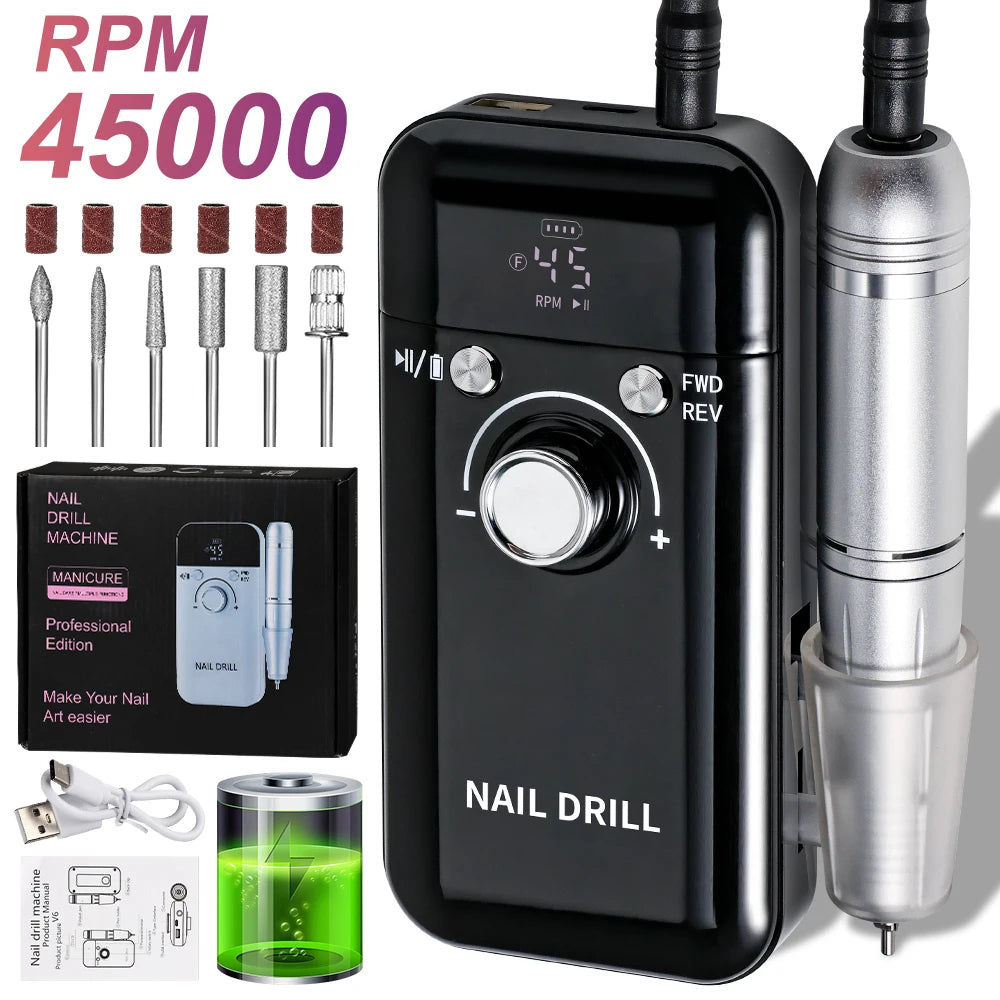 Rechargeable Nail Drill 45000 RPM Electric File for Acrylic Gel Removal