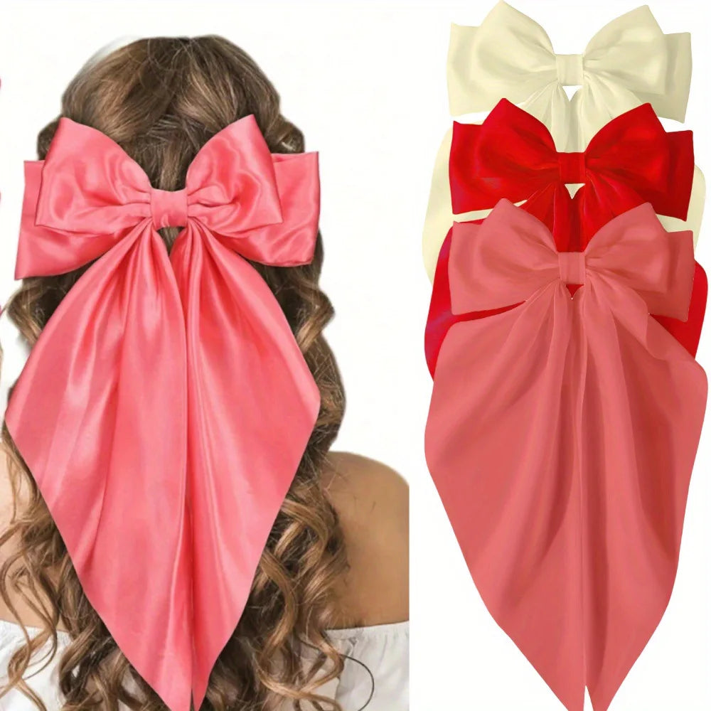 NONECN 3Pcs Large Elegant Ribbon Bow Hair Clips For Women Satin