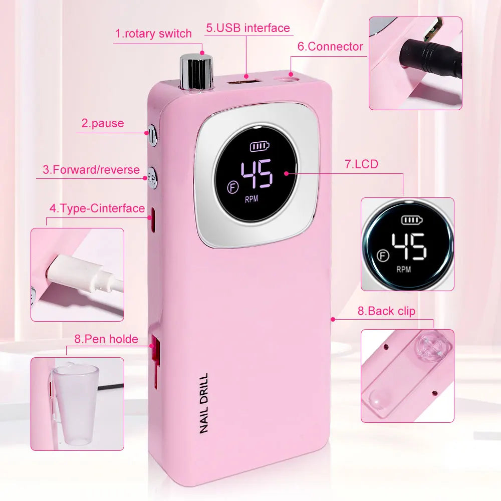 Limegirl 45000RPM Portable Cordless Electric Nail Drill For Acrylic Gel Nails
