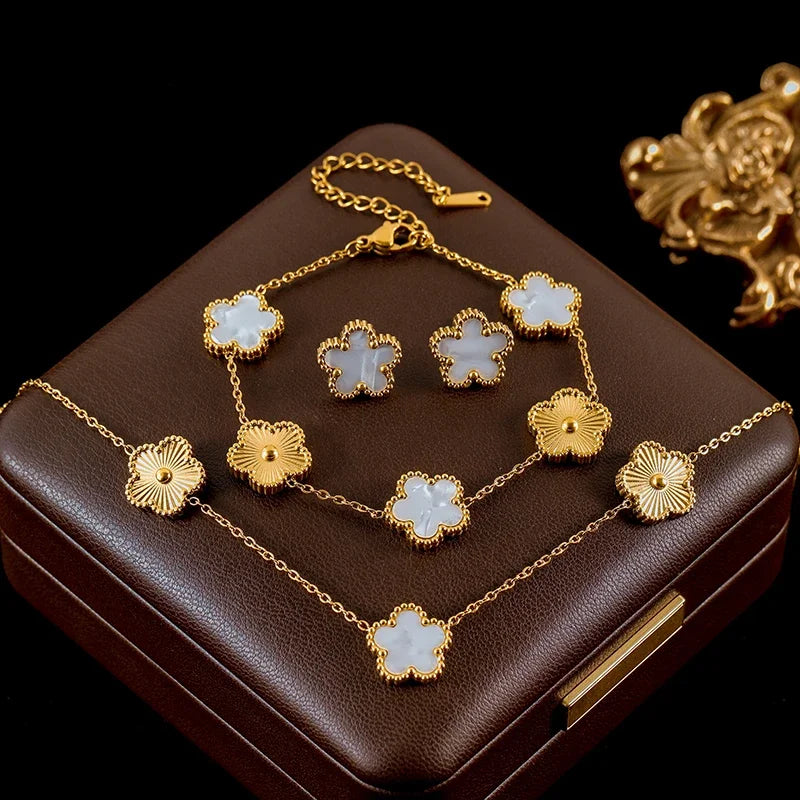 GANEMLY Stainless Steel Plum Blossom Jewelry Set Necklace Earrings Bracelet