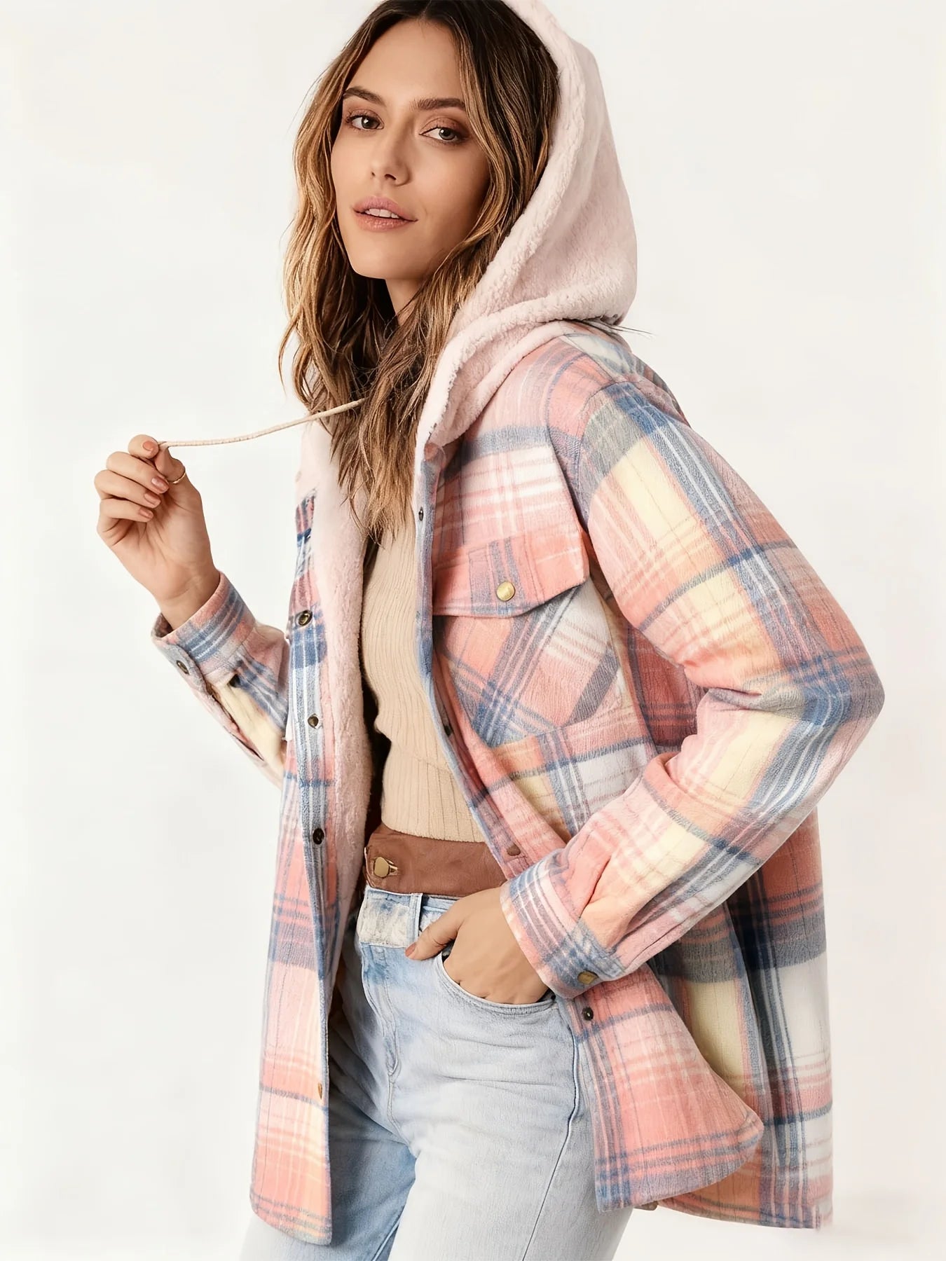Women's Fleece Hooded Casual Jacket With Pockets Plaid Design