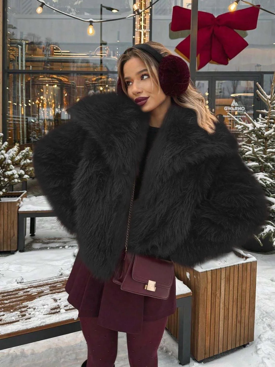 Womens Faux Fur Bomber Jacket With Zipper Closure For Winter