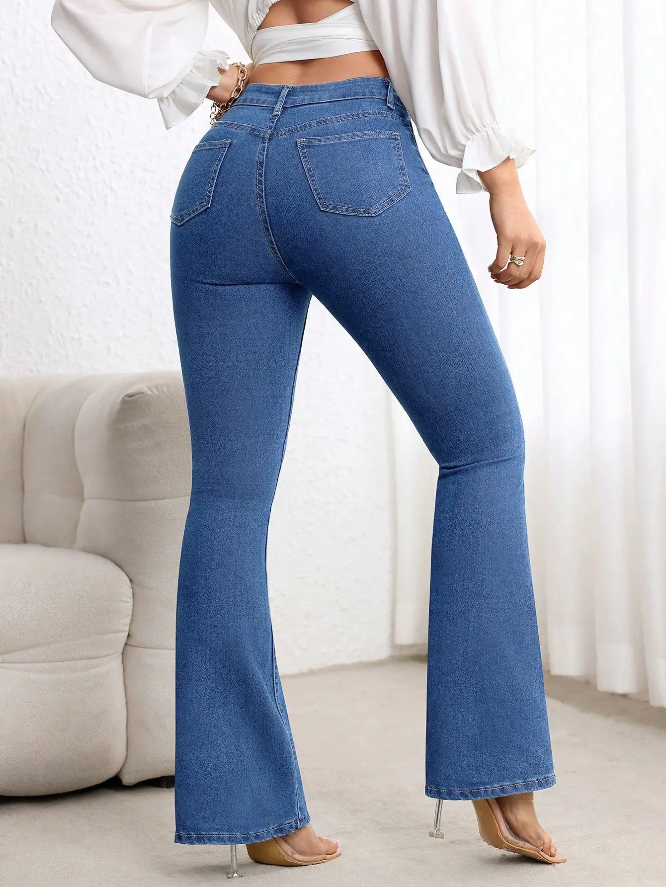 Plain Denim High Waisted Flare Jeans For Women Casual