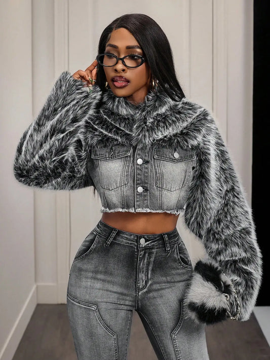 Faux Fur Collar Denim Jacket With Frayed Hem And Single-Breasted