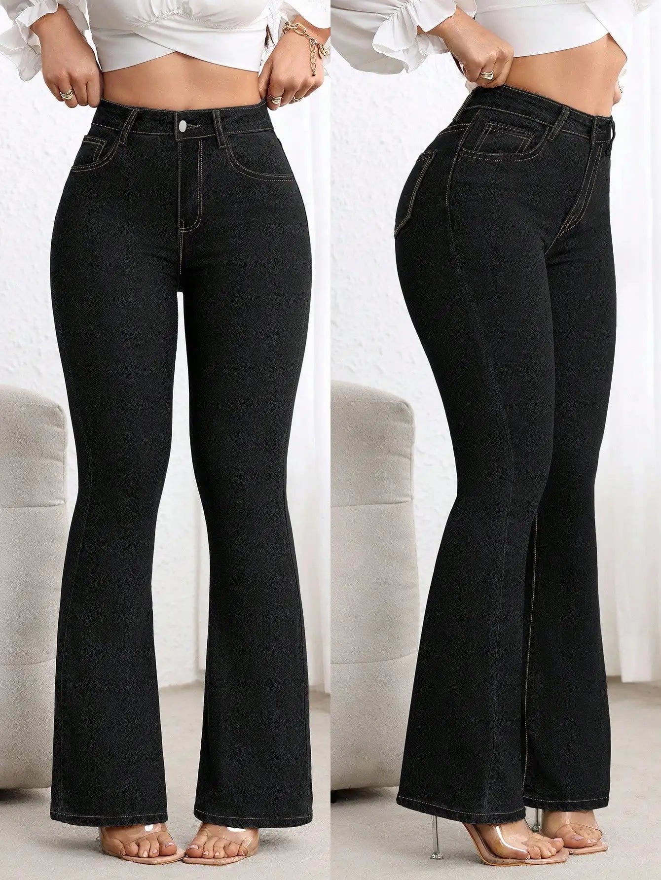 Plain Denim High Waisted Flare Jeans For Women Casual