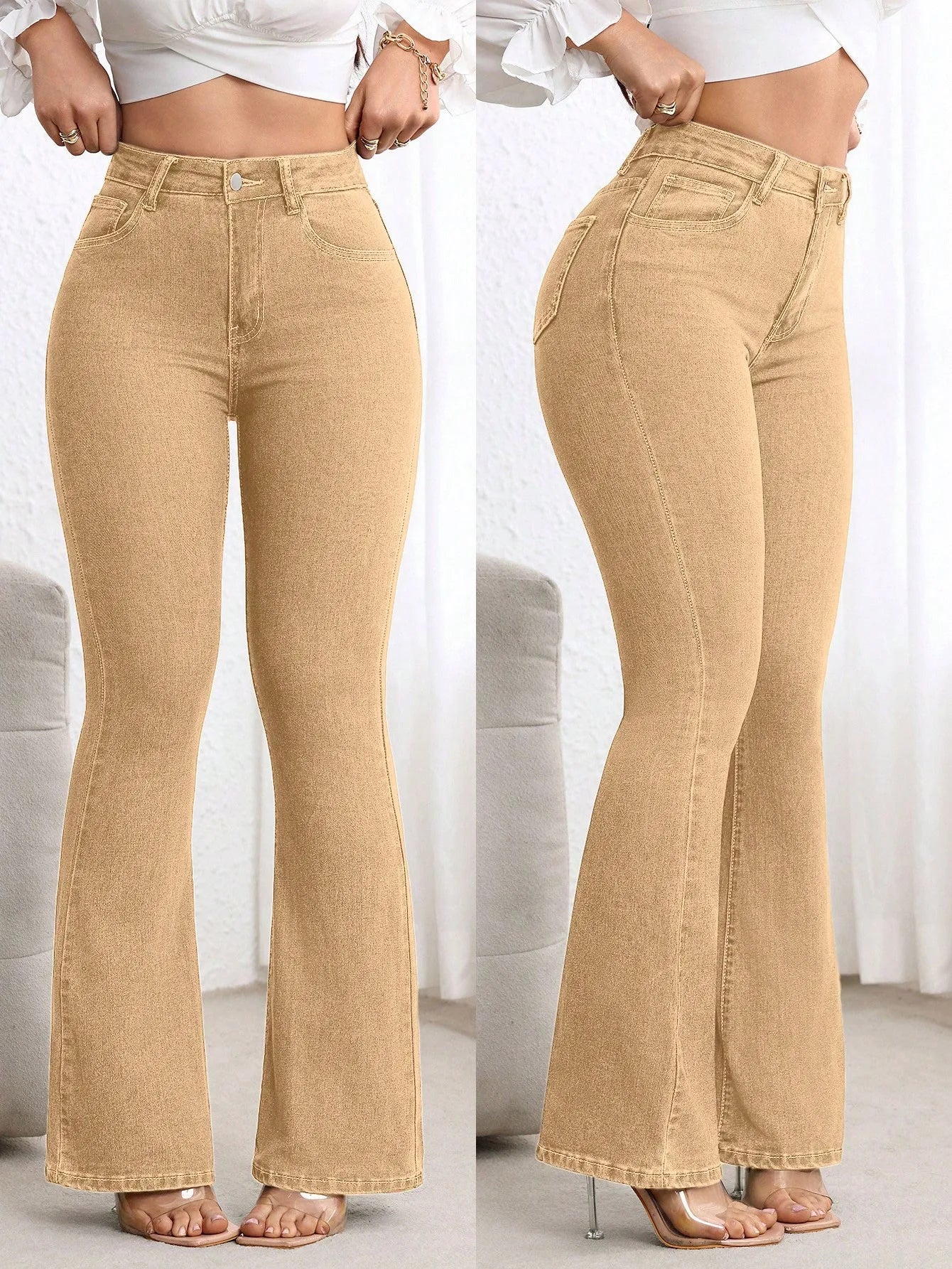 Plain Denim High Waisted Flare Jeans For Women Casual