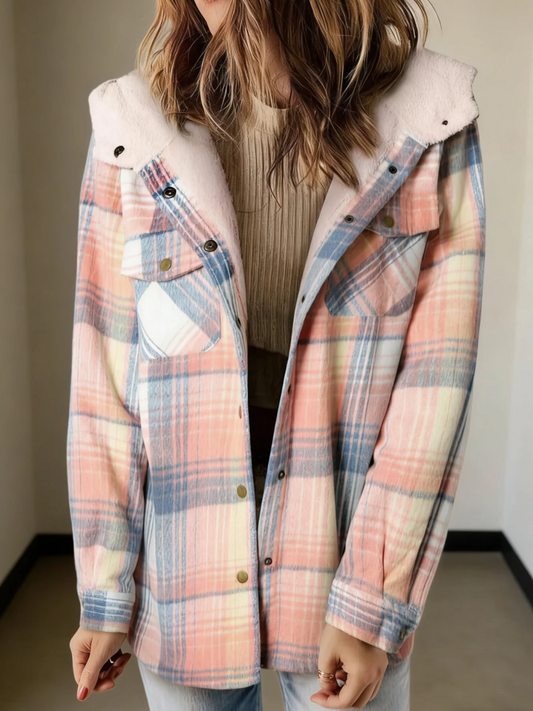 Women's Fleece Hooded Casual Jacket With Pockets Plaid Design