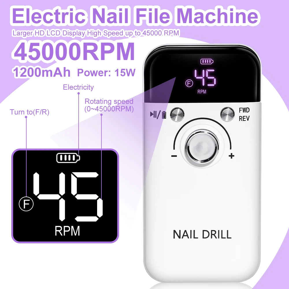 Rechargeable Nail Drill 45000 RPM Electric File for Acrylic Gel Removal