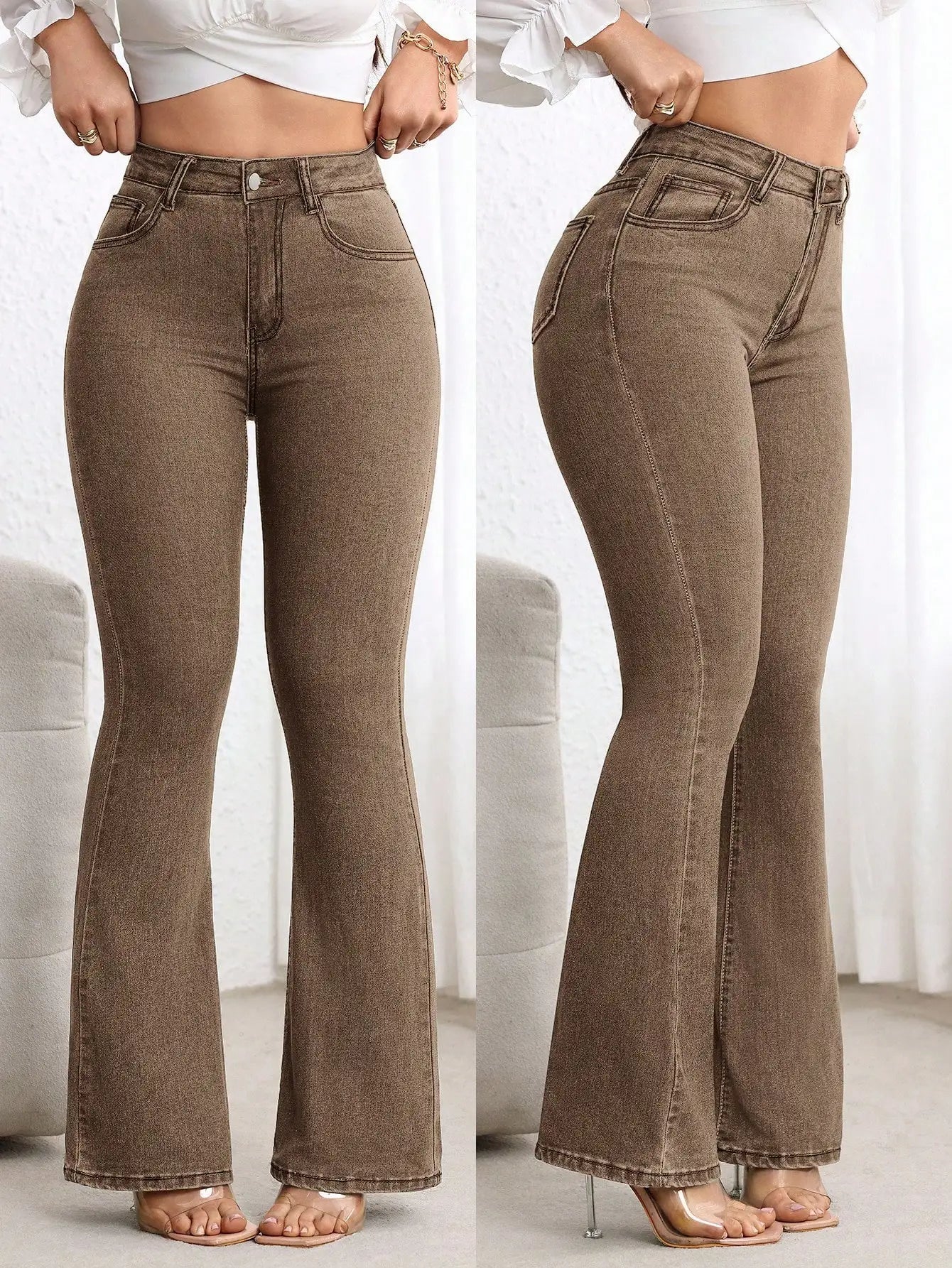 Plain Denim High Waisted Flare Jeans For Women Casual