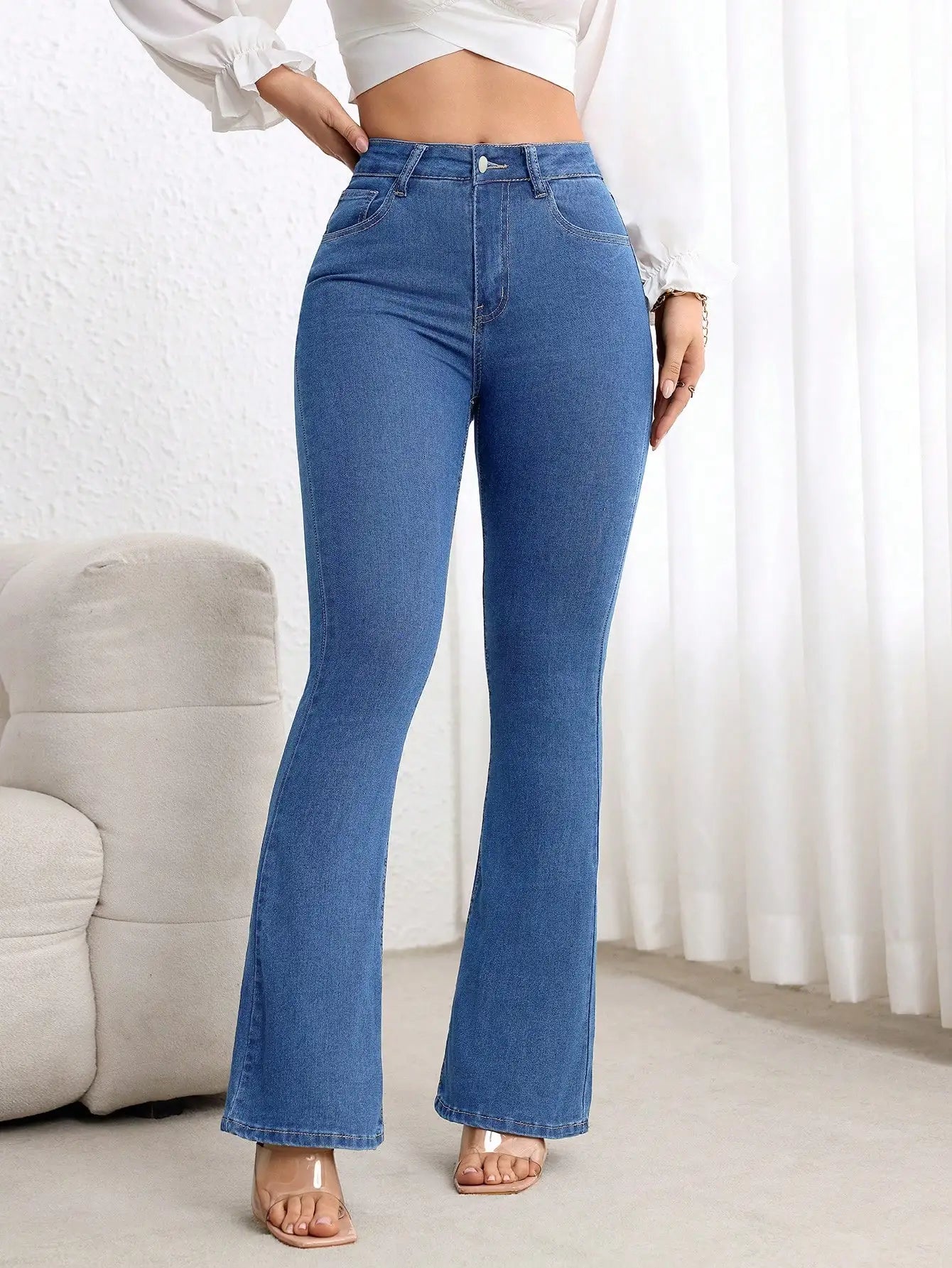 Plain Denim High Waisted Flare Jeans For Women Casual