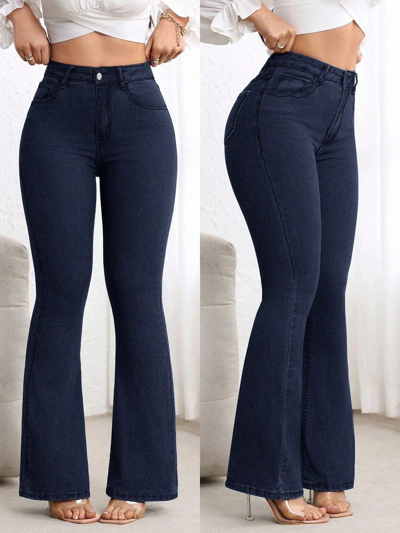 Plain Denim High Waisted Flare Jeans For Women Casual